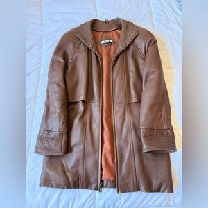 Vintage Brown Genuine Leather Long Coat Jacket XS Women Collared 90s 80s